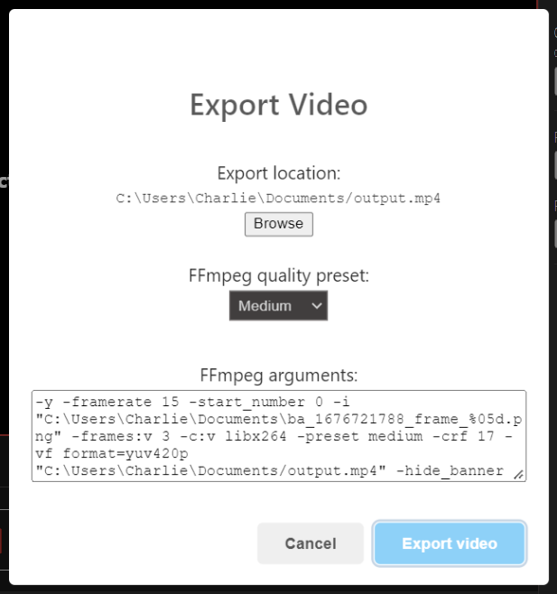 Export video dialog window